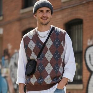 Vtg Men's‎ Argyle Wool Sweater Vest Brown Gray Cream XL Preppy Academia Heritage